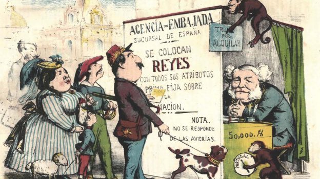 La búsqueda de un monarca. Revista satírica La Flaca. 10 de julio de 1869