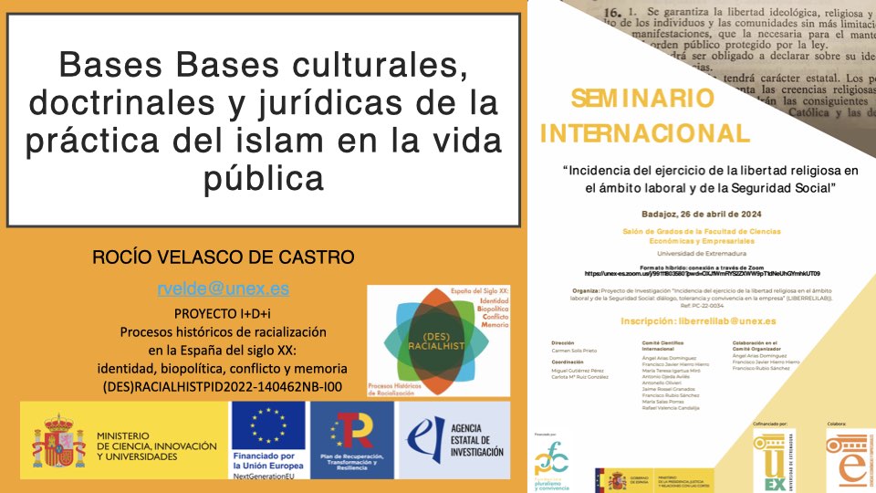 Rocío Velasco de Castro participa en el Seminario internacional “Incidencia del ejercicio de la libertad religiosa en el ámbito laboral y de la Seguridad Social” (26 de abril 2024 UNEX)